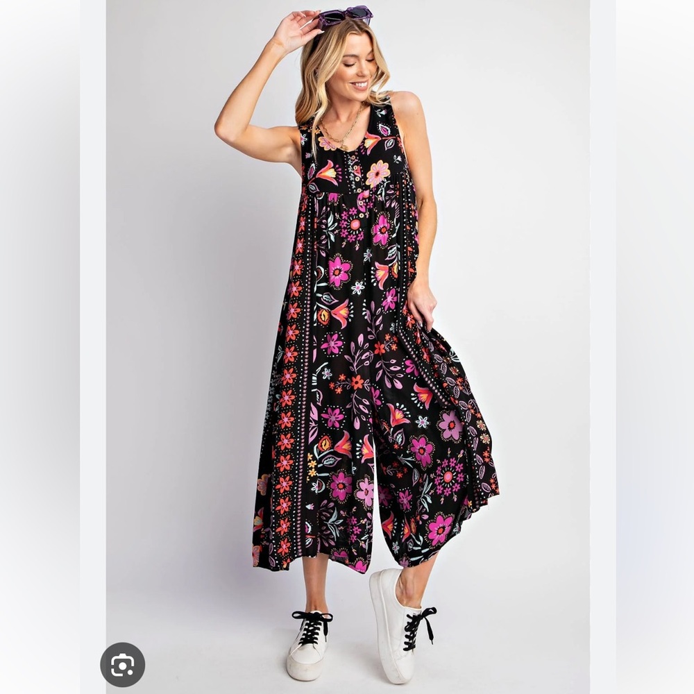 Easel Los Angeles Vibrant Floral Sleeveless Romper JumpSuit Colorful Wide Leg